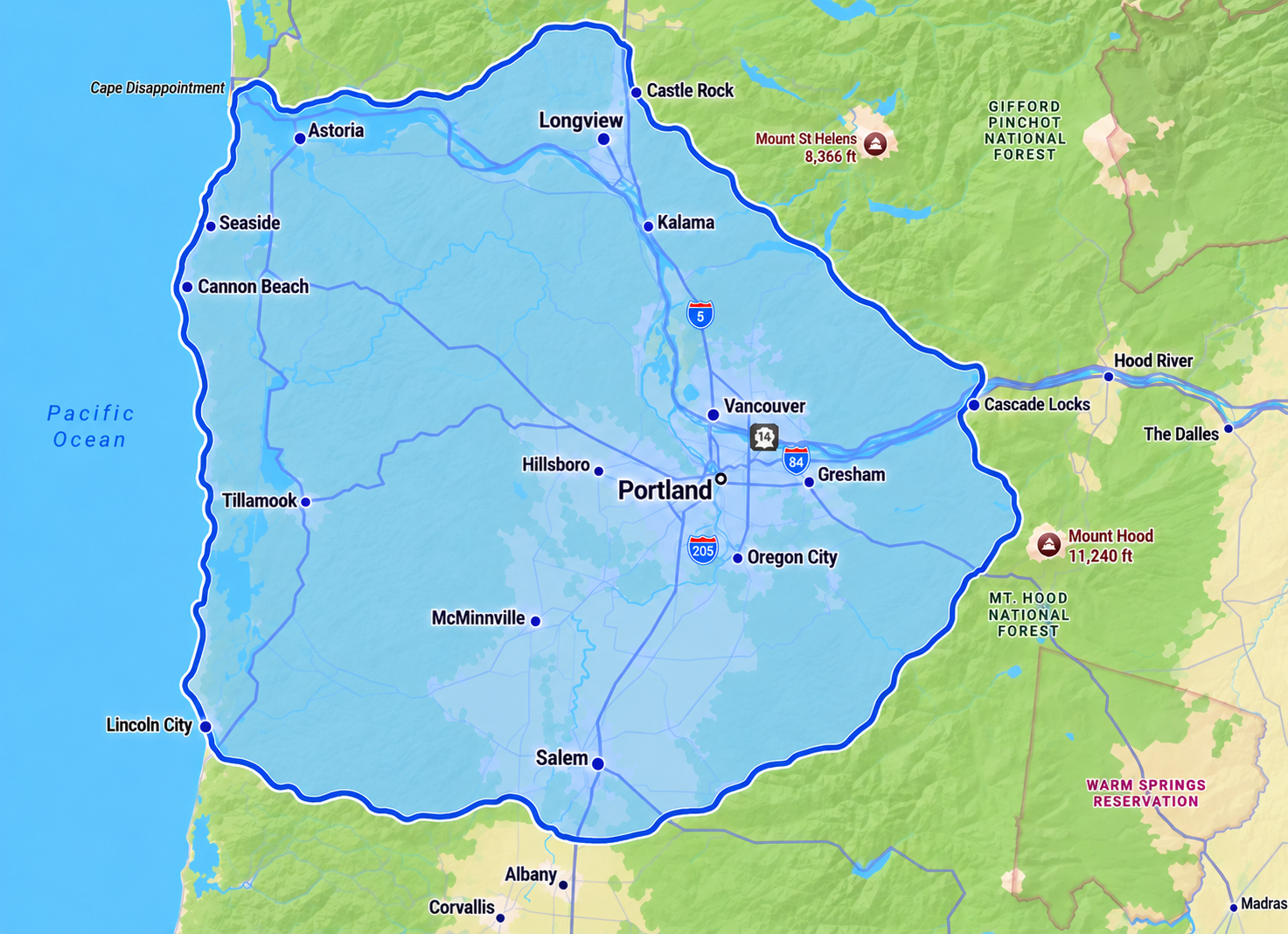 Map showing Clackamas Electric service area across northwest Oregon and southwest Washington